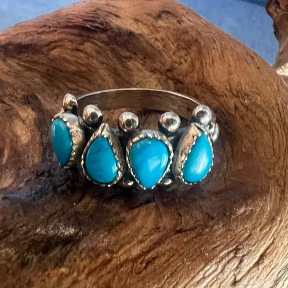 Zuni Navajo Blue Turquoise Ring Band Sleeping Beauty Sterling Petit Point 7 - Picture 1 of 11